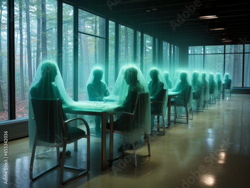 interior of a restaurant with ghosts in the fog. Generative AI