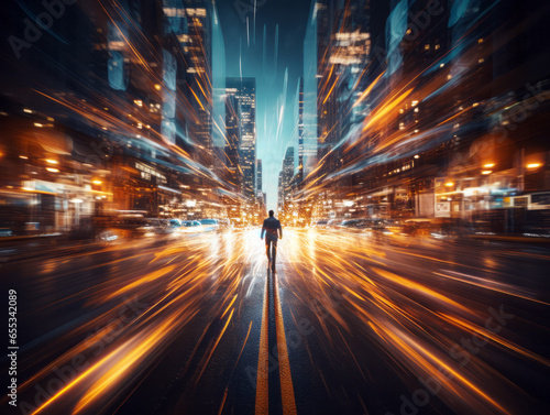 Man on the road with motion blur to create vision of the city. Generative AI