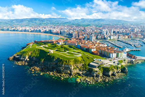 Aerial view of the city of Gijon in Asturias, Spain
