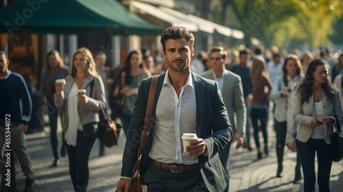 A confident businessman in sharp attire walks down a bustling street to his workplace, carrying a shoulder bag and coffee.