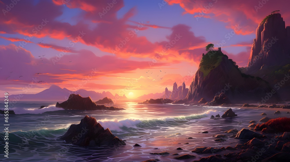 Panoramic seascape at sunset. Panoramic image.