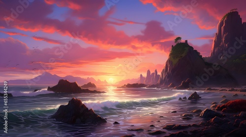 Panoramic seascape at sunset. Panoramic image.