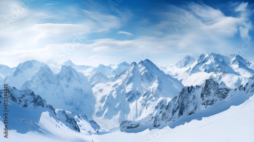 Panorama of snow covered alpine mountain peaks and valleys in winter