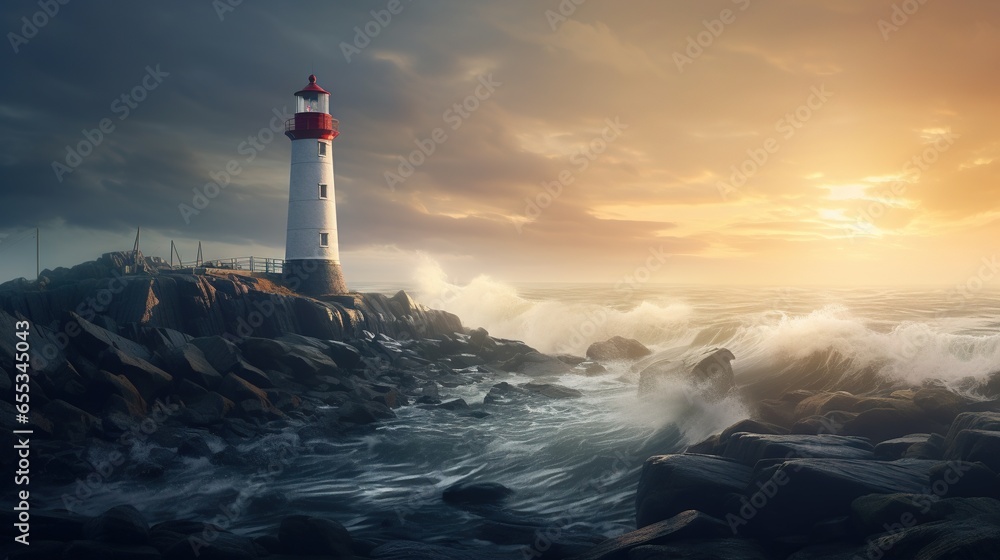  a lighthouse on top of a rocky cliff in the ocean.  generative ai