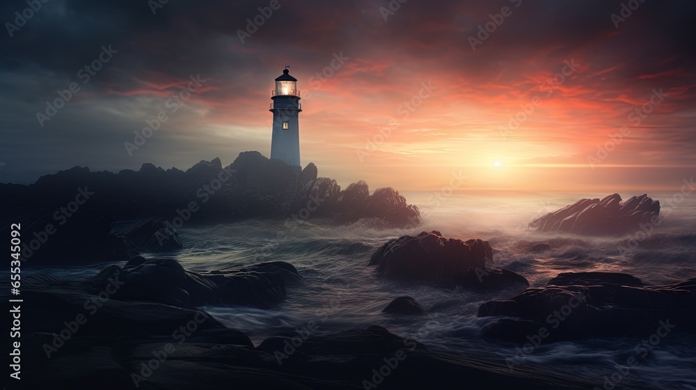  a lighthouse on a rocky shore with a sunset in the background.  generative ai