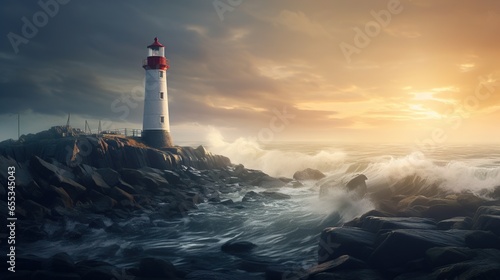  a lighthouse on top of a rocky cliff in the ocean. generative ai