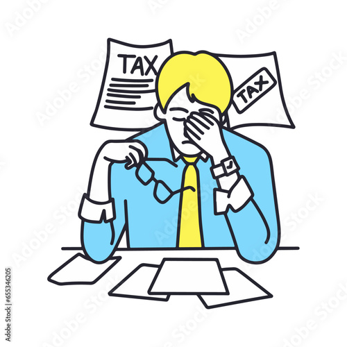 Office worker stress, headache, disappointment or shame by a lot of tax 