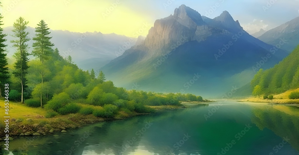 A painting of a mountain lake with a mountain in the background, A painting of a waterfall with a house on the bottom
