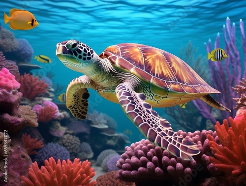 A turtle swims over colorful corals in the ocean generative ai