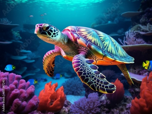 A turtle swims over colorful corals in the ocean generative ai © tanjidvect