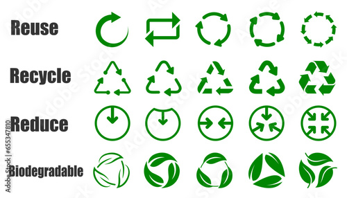 Reduce reuse recycle and biodegradable set icons for environmental concept of ecological waste management, sustainable and economical lifestyle signs collection - stock vector photo