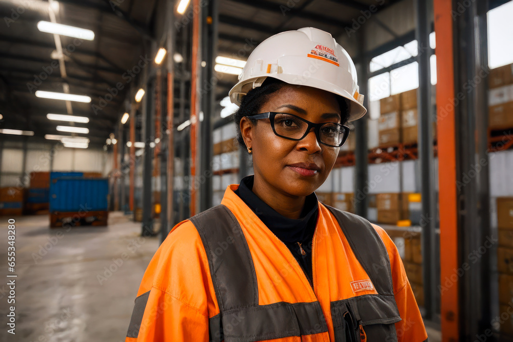 Portrait of the senior successful confident professional female engineer standing in amongst the shipping containers at the cargo port Portrait of the senior successful confident professional female engineer standing in amongst the shipping containers at the cargo port