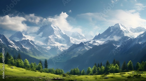 Beautiful panoramic view of alpine meadow and mountains