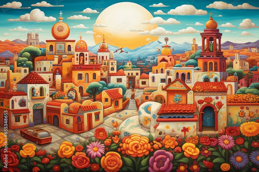 a town filled with vibrant and colorful flowers. Generative AI