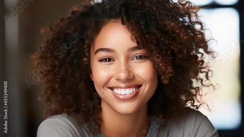 A close-up portrait of a person with a genuine smile, looking directly at the camera. Soft, natural lighting enhances their happy expression and joyful demeanor. Their attractive face and beautiful s
