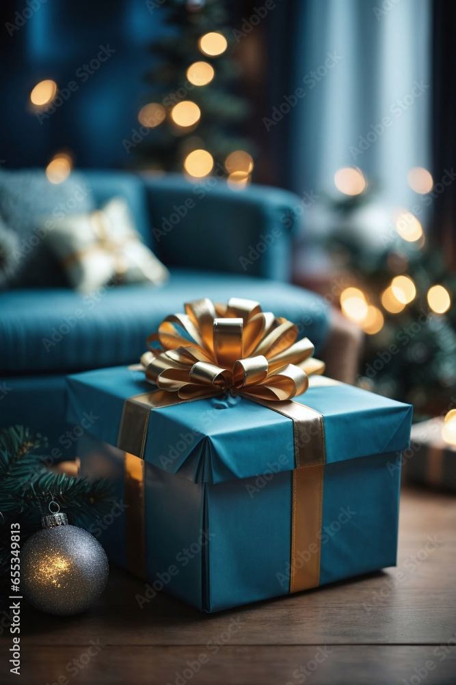 Blue christmas gift box with golden ribbon, christmas and sofa blurred background