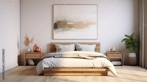 boho bedroom with minimalist art on the walls