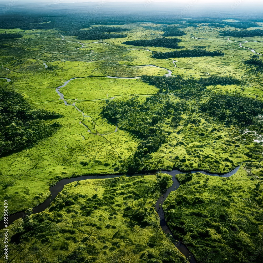 An aerial view of a lush green landscape with a river running through ...