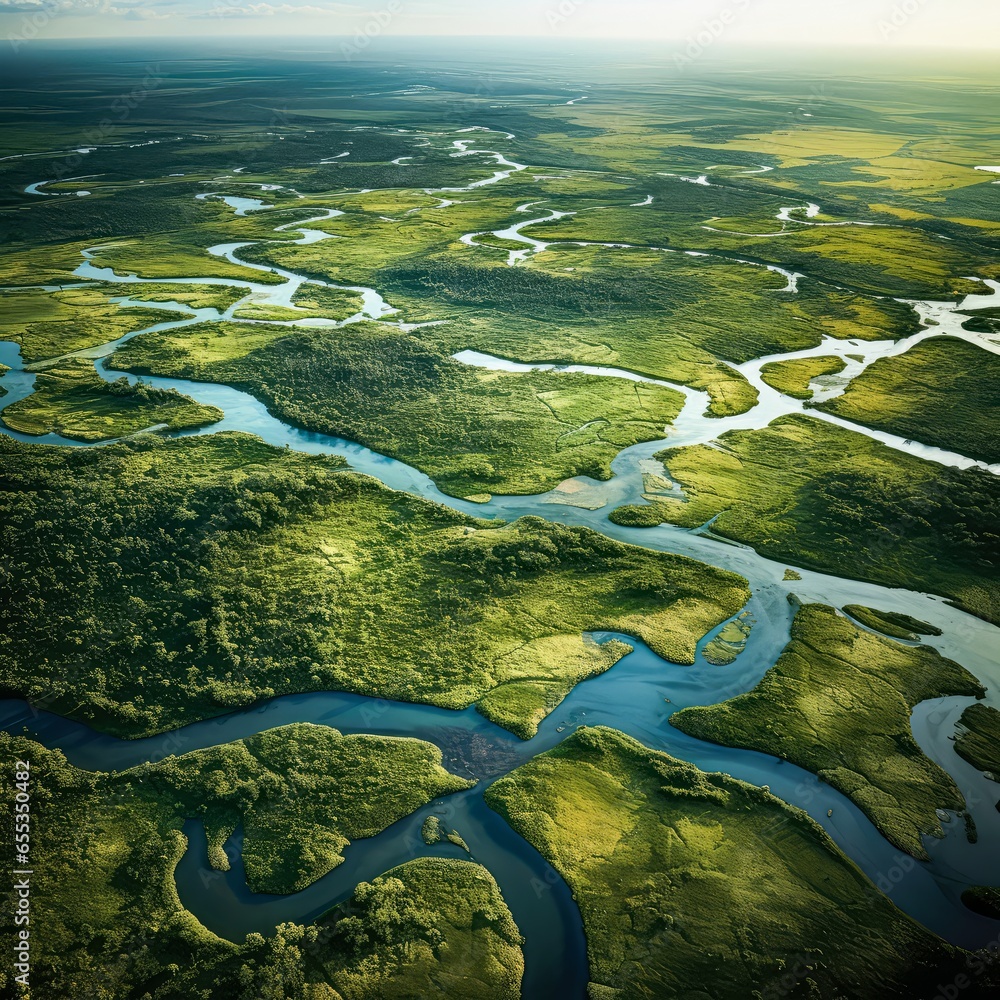 An aerial view of a river surrounded by lush green vegetation. The ...