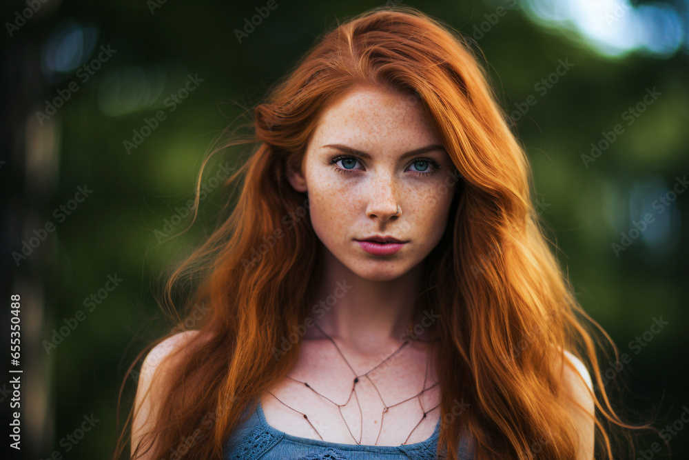 Obraz premium Beautiful redhead girl with freckles at the park. Selective Focus