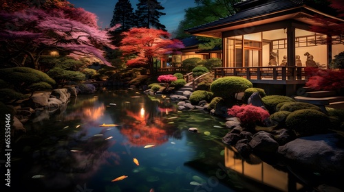 Japanese garden in Japan at night. Panoramic view of japanese garden at night.