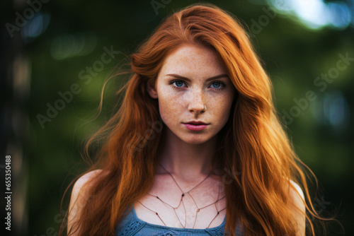 Beautiful redhead girl with freckles at the park. Selective Focus