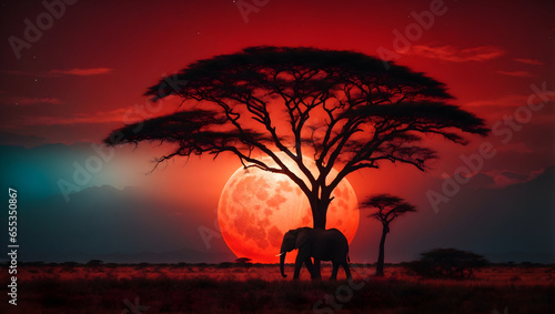 silhouette of an elephant on the prairie at night, behind it a super moon