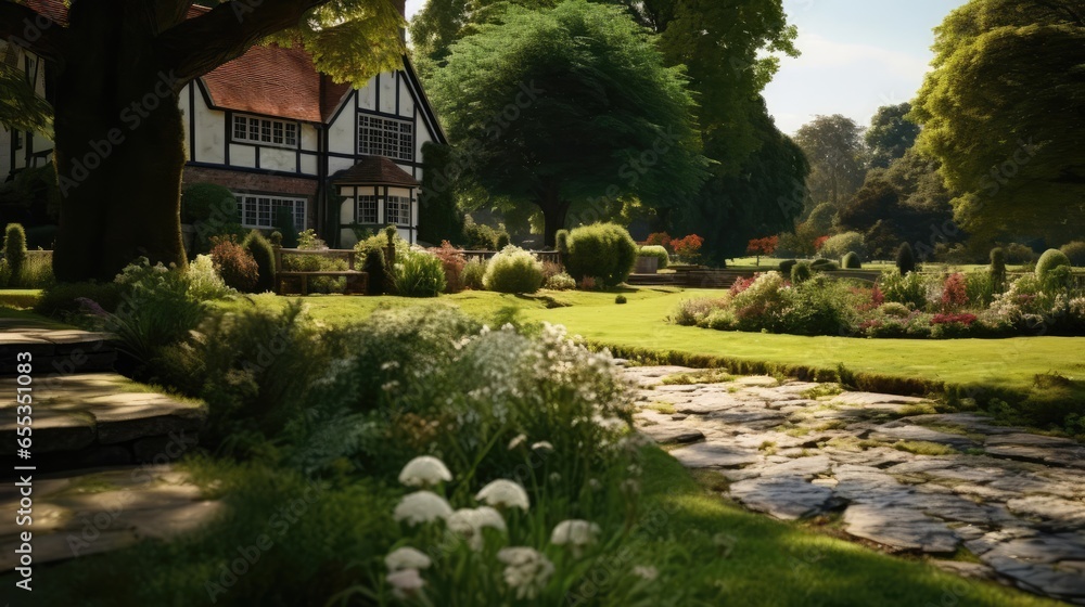 country manor house with perfect gardens