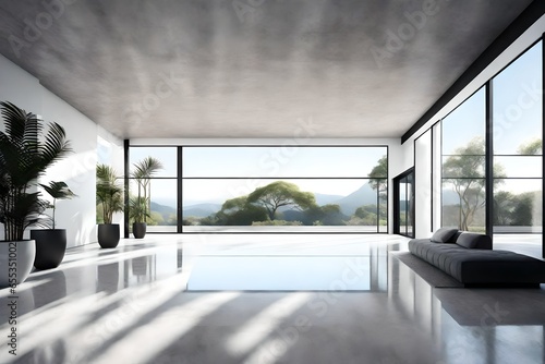 Modern contemporary empty hall with nature view render overlooking the living room behind the room has concrete floors, © Ahsan