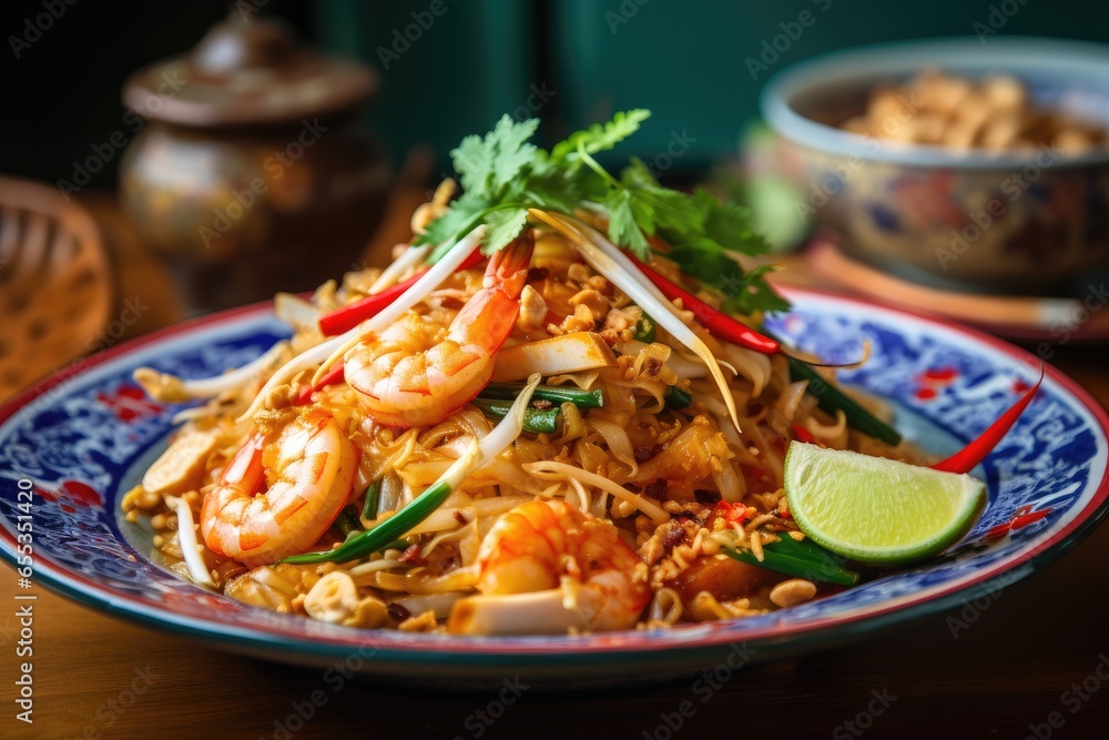 Stir-fried rice noodles with shrimp, egg, vegetables, and peanuts in a sweet and tangy sauce. Popular Thai dish served with lime wedge and peanut garnish. Stir-fried rice noodles with shrimp, egg, vegetables, and peanuts in a sweet and tangy sauce. Popular Thai dish served with lime wedge and peanut garnish.