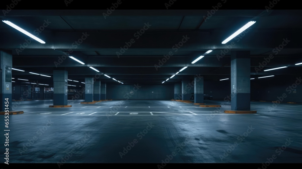 dark underground parking lot with harsh lighting - obrazy, fototapety, plakaty 