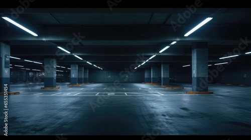 dark underground parking lot with harsh lighting photo