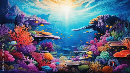  a painting of an underwater scene with corals and fish. generative ai