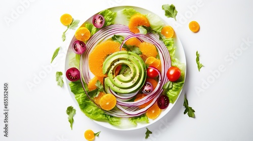  a plate of salad with avocado, oranges and onions.  generative ai