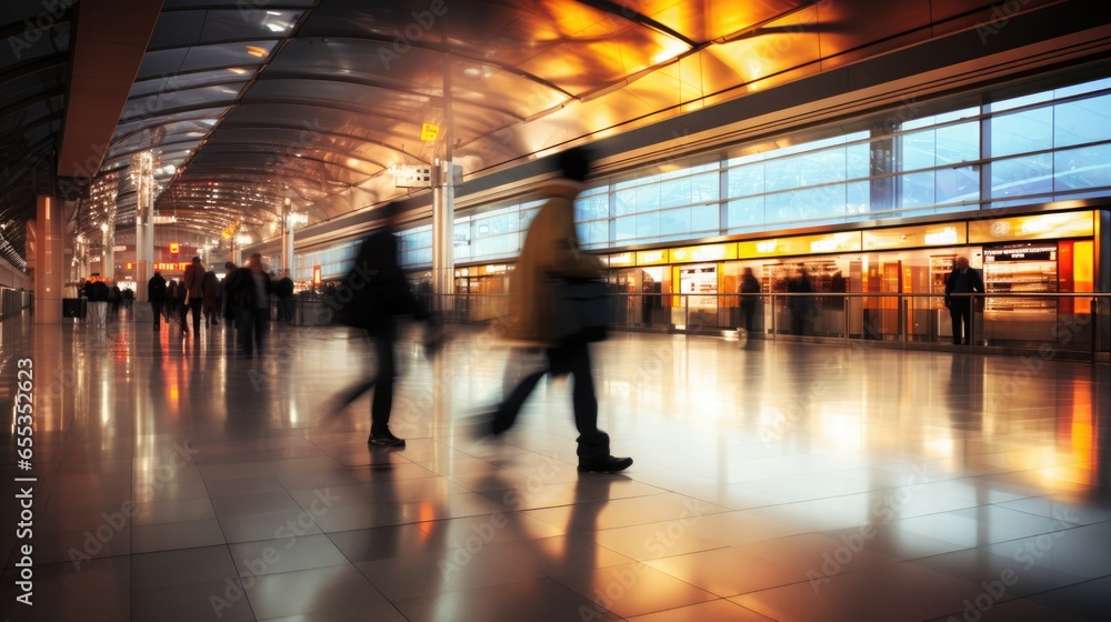 Blurred background of people in motion at a modern airport