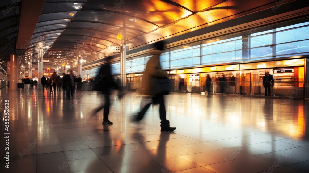 Fototapeta premium Blurred background of people in motion at a modern airport