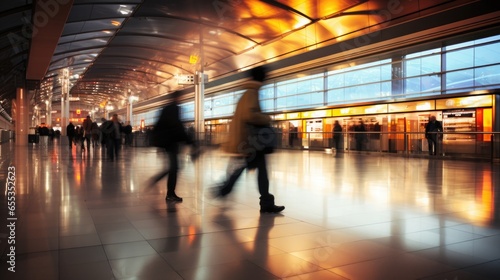 Blurred background of people in motion at a modern airport