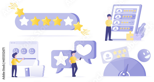 Customer satisfaction and respond collection set. Customer review, feedback, loyalty program, star rating, questionnaire, opinion, positive and negative thinking. Flat vector design illustration.