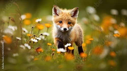  a little fox is walking through a field of wildflowers.  generative ai photo