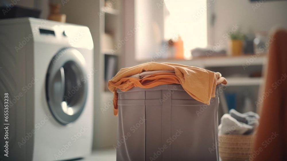 laundry hamper filled with clothes in the corner of the room - obrazy, fototapety, plakaty 