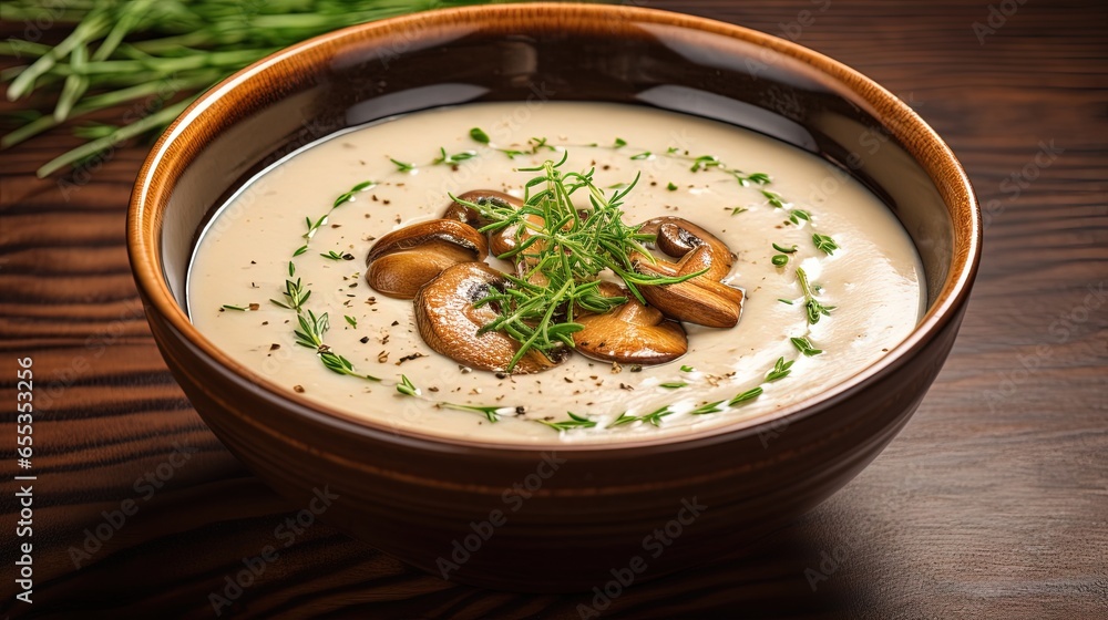  a bowl of soup with mushrooms and chives on top.  generative ai