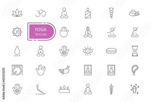 Yoga icons line art set. Vector signs for design of yoga studio, meditation, kundalini yoga, self-discovery