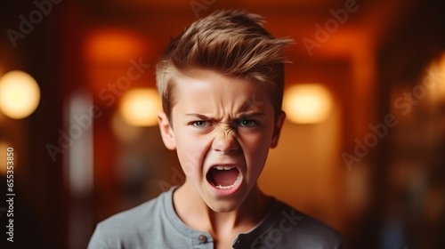Angry irritated boy. Full of rage. Emotional portrait of an upset preteen boy screaming in anger