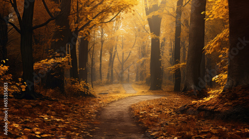 Autumn forest road in autumn leaves background 