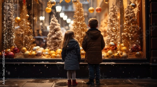 Children standing in front of window shop with Christmas decoration, generative ai