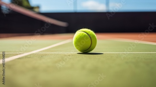 tennis ball on the white line of a tennis court © Fred