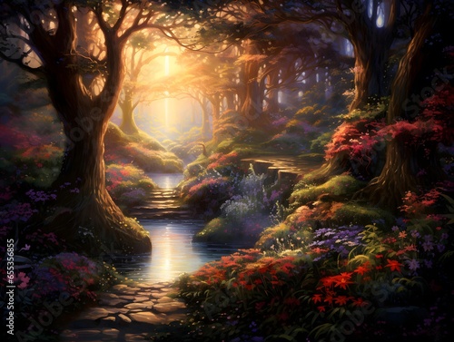 Illustration of a beautiful fantasy forest in the light of the setting sun