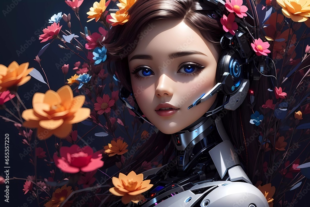 Female cyborgs, ultra realistic, female humanoid robot, Beautiful robotic woman, with colorful flower, dark background, Female cyborgs, ultra realistic, female humanoid robot, Beautiful robotic woman, with colorful flower, dark background,