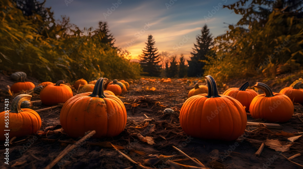 pumpkin patch farm fall autumn festival. Autumn and halloween concept - obrazy, fototapety, plakaty 