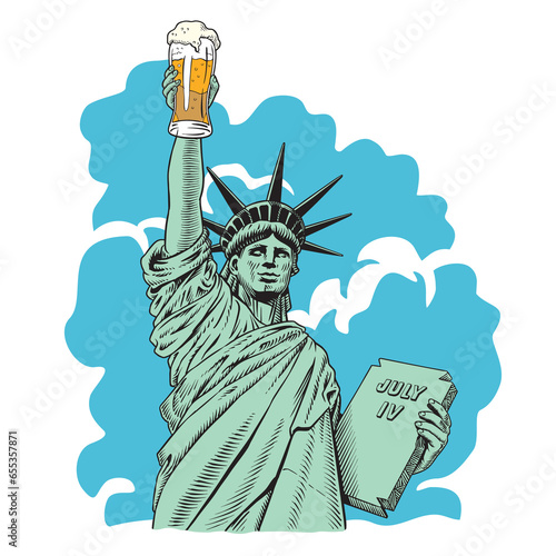 Statue of liberty holding a beer pint. Greeting card or poster design. Comic style engraving style vector illustration.